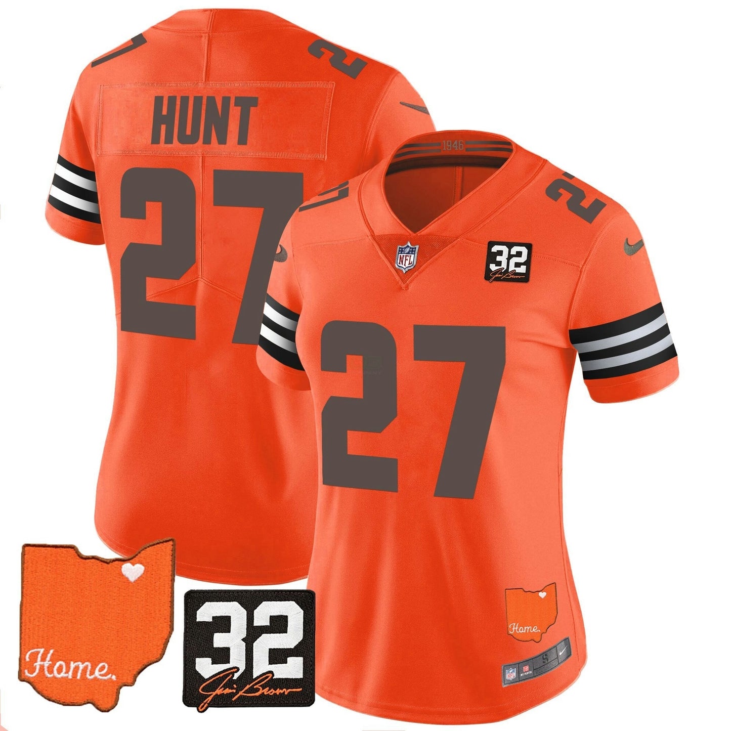 Camisa NFL Women’s #32 Jim Brown Memorial & Home Patch Vapor Limited Jersey