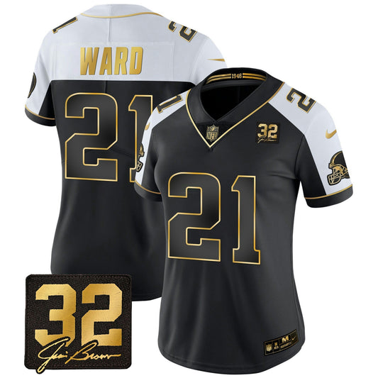 Camisa NFL Women’s #32 Jim Brown Memorial Patch Dourada Jersey