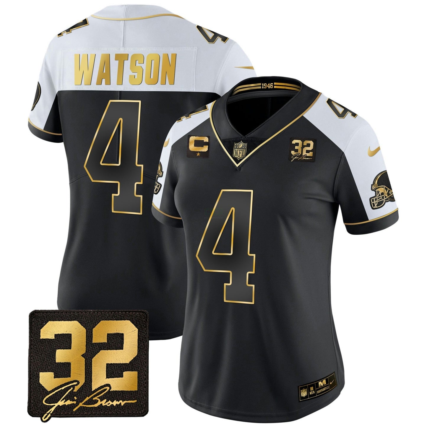 Camisa NFL Women’s #32 Jim Brown Memorial Patch Dourada Jersey