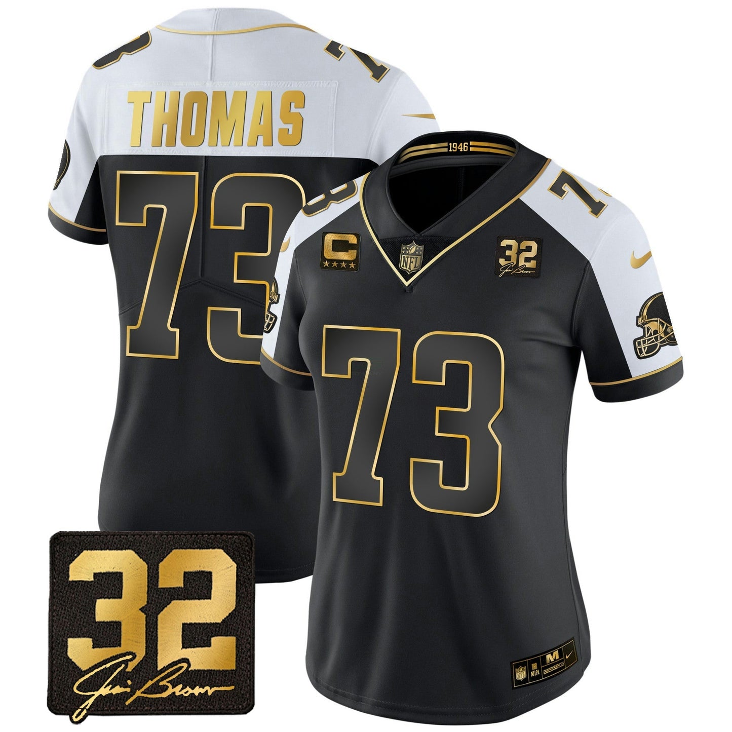 Camisa NFL Women’s #32 Jim Brown Memorial Patch Dourada Jersey