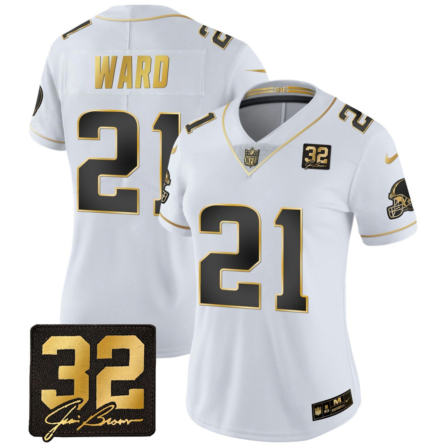 Camisa NFL Women’s #32 Jim Brown Memorial Patch Dourada Jersey