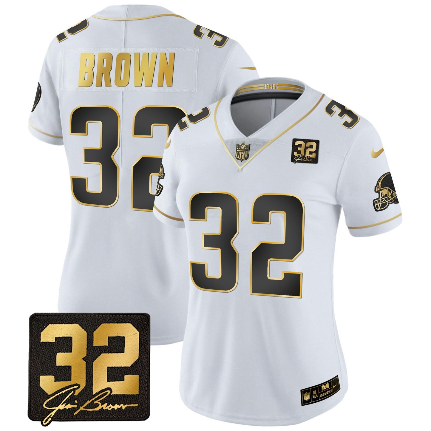 Camisa NFL Women’s #32 Jim Brown Memorial Patch Dourada Jersey