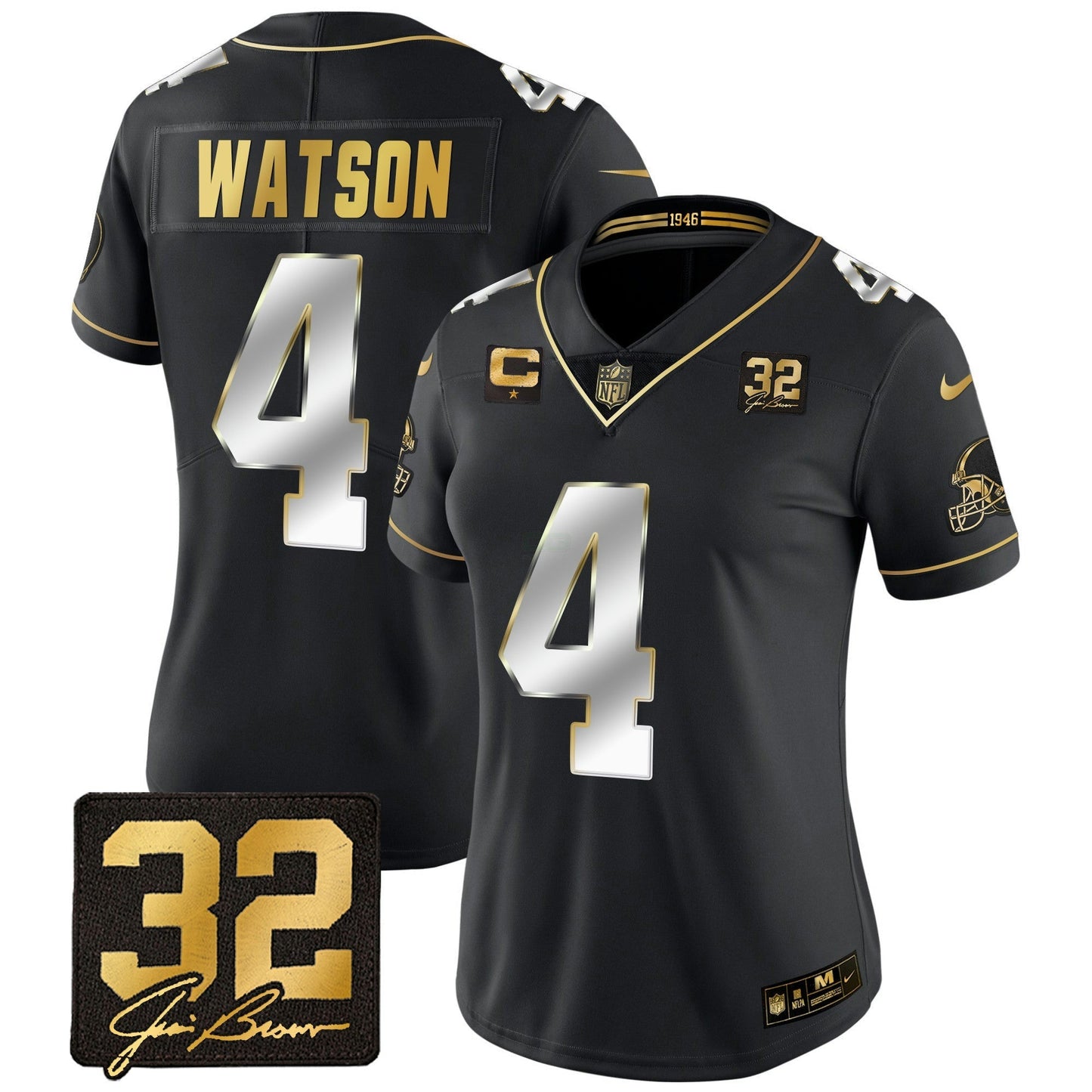 Camisa NFL Women’s #32 Jim Brown Memorial Patch Dourada Jersey