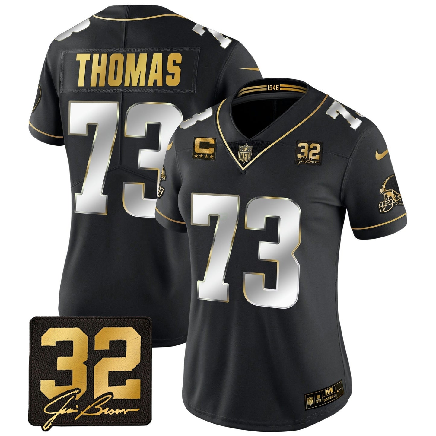 Camisa NFL Women’s #32 Jim Brown Memorial Patch Dourada Jersey