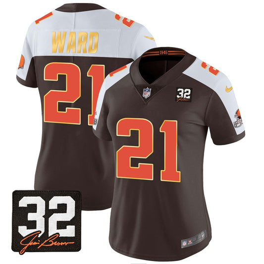 Camisa NFL Women’s #32 Jim Brown Memorial Patch Dourada Trim Jersey