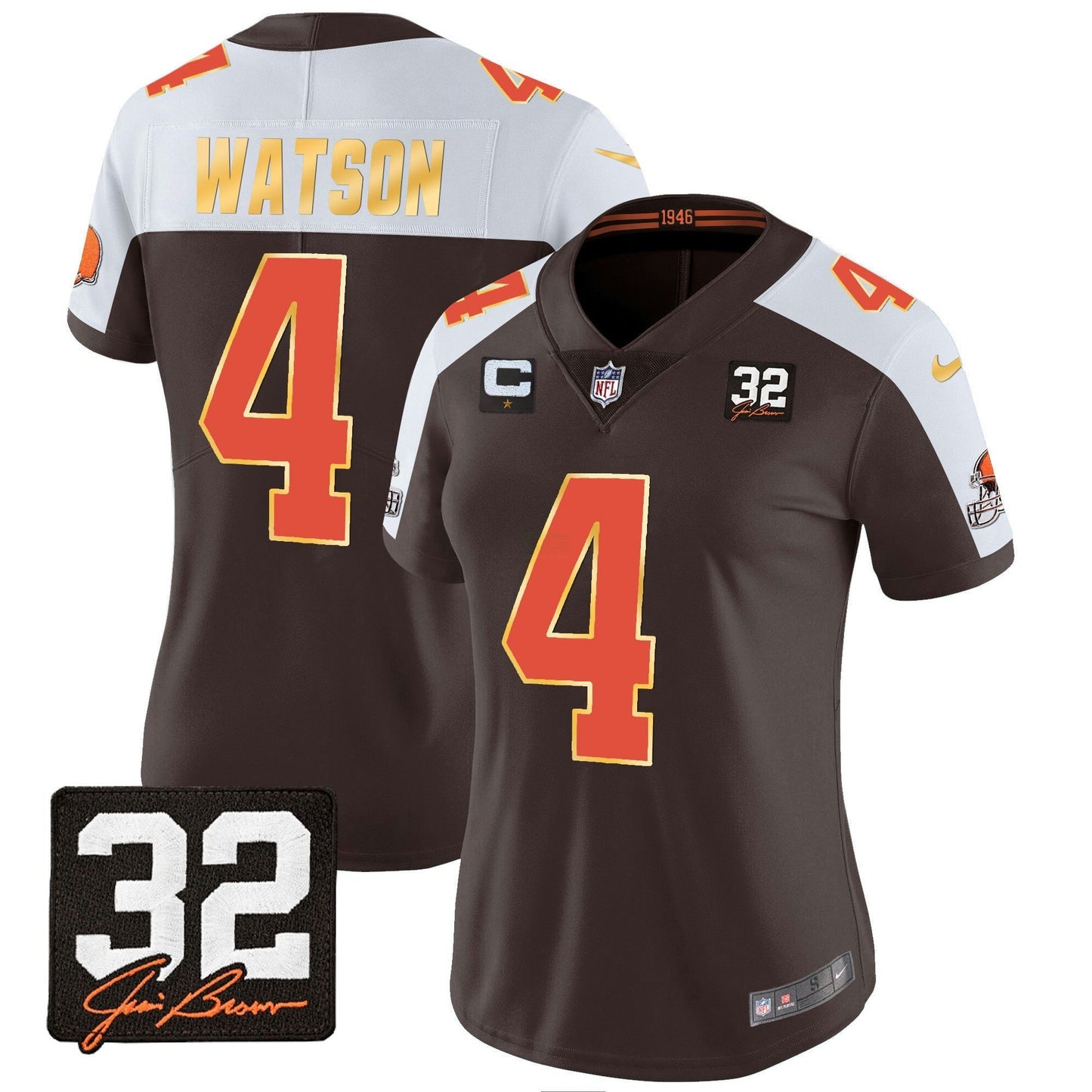 Camisa NFL Women’s #32 Jim Brown Memorial Patch Dourada Trim Jersey