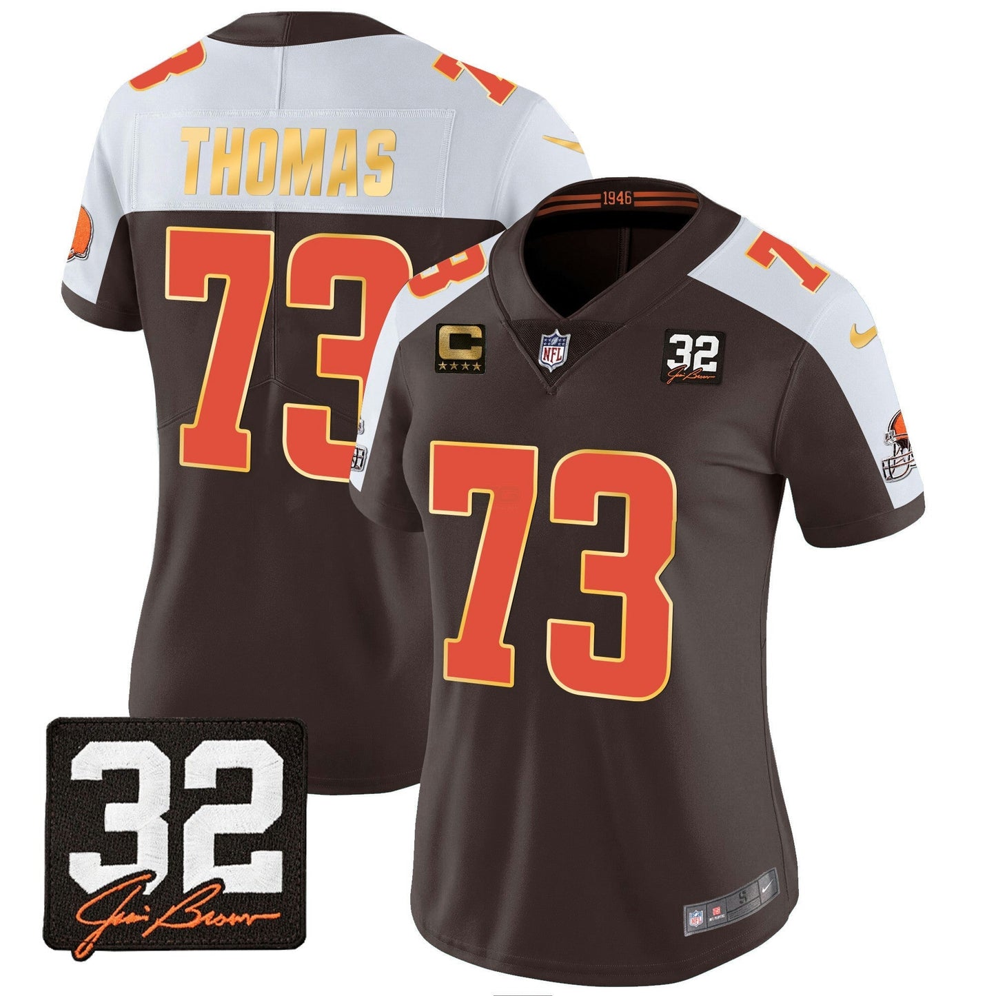 Camisa NFL Women’s #32 Jim Brown Memorial Patch Dourada Trim Jersey