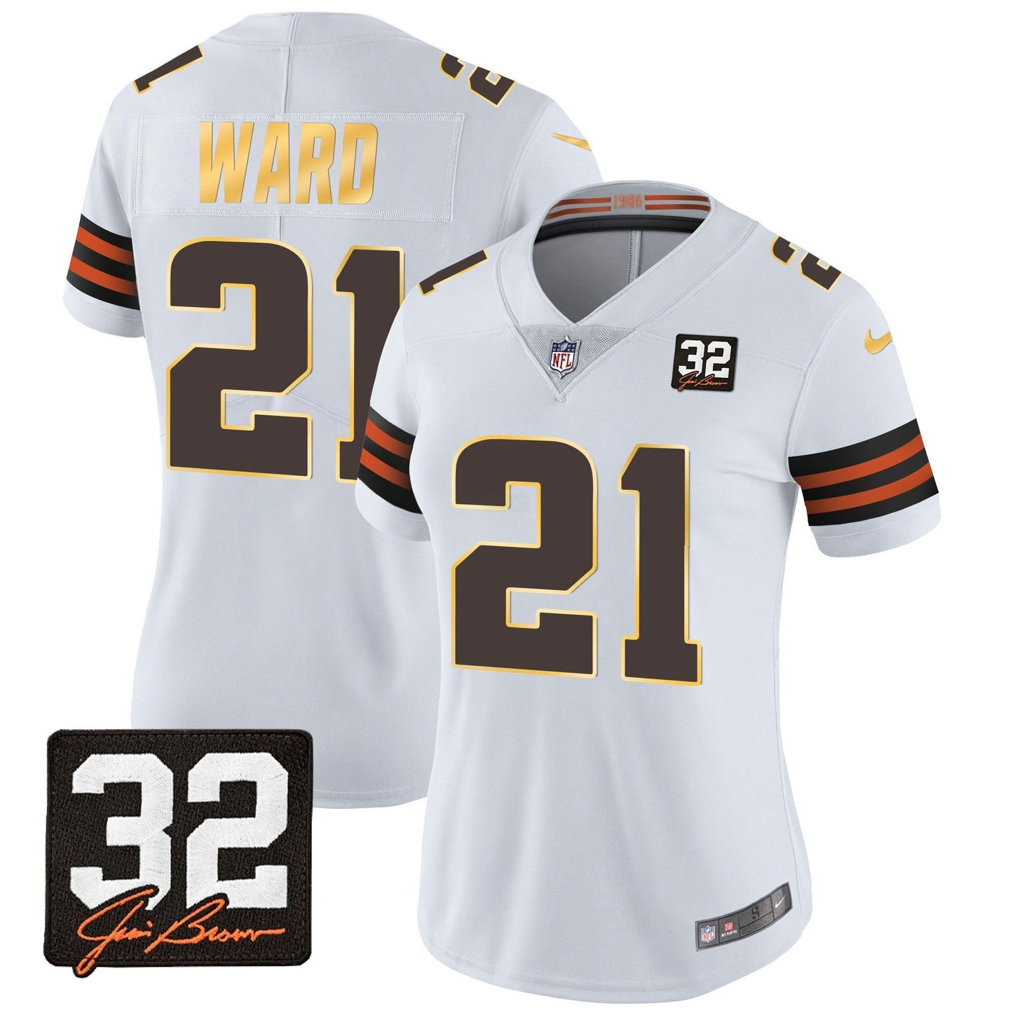 Camisa NFL Women’s #32 Jim Brown Memorial Patch Dourada Trim Jersey