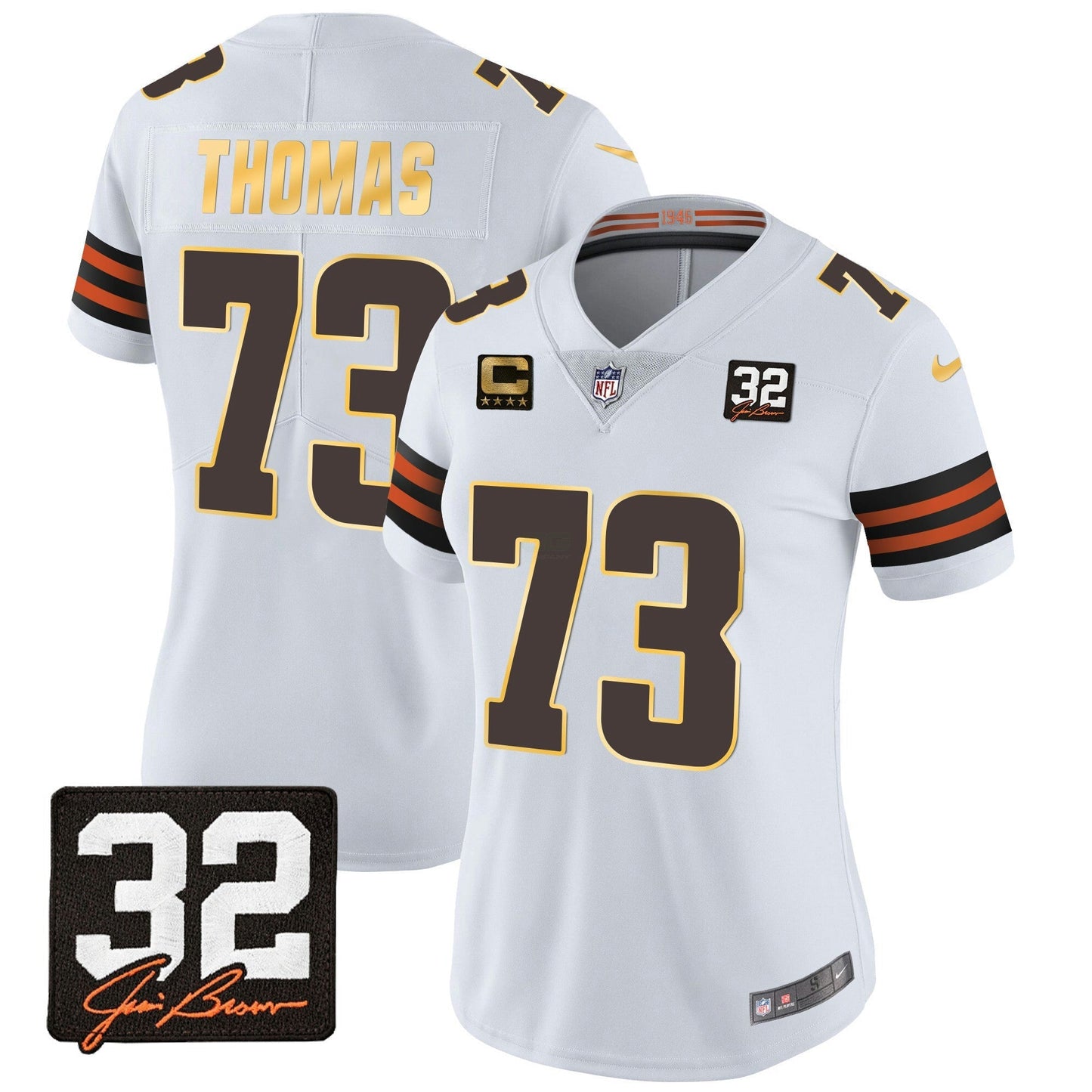 Camisa NFL Women’s #32 Jim Brown Memorial Patch Dourada Trim Jersey