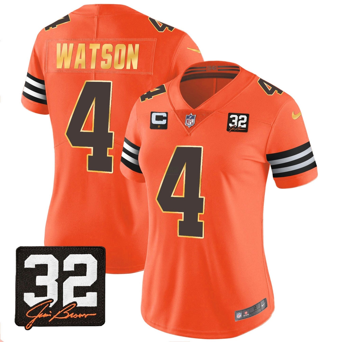 Camisa NFL Women’s #32 Jim Brown Memorial Patch Dourada Trim Jersey