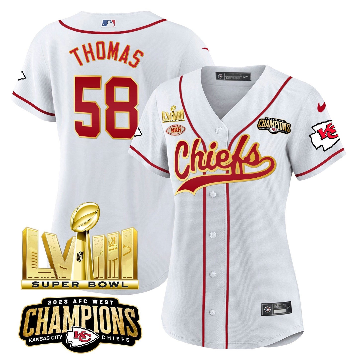 Camisa NFL Women’s AFC West Champions & Super Bowl LVIII Dourada Patch Jersey