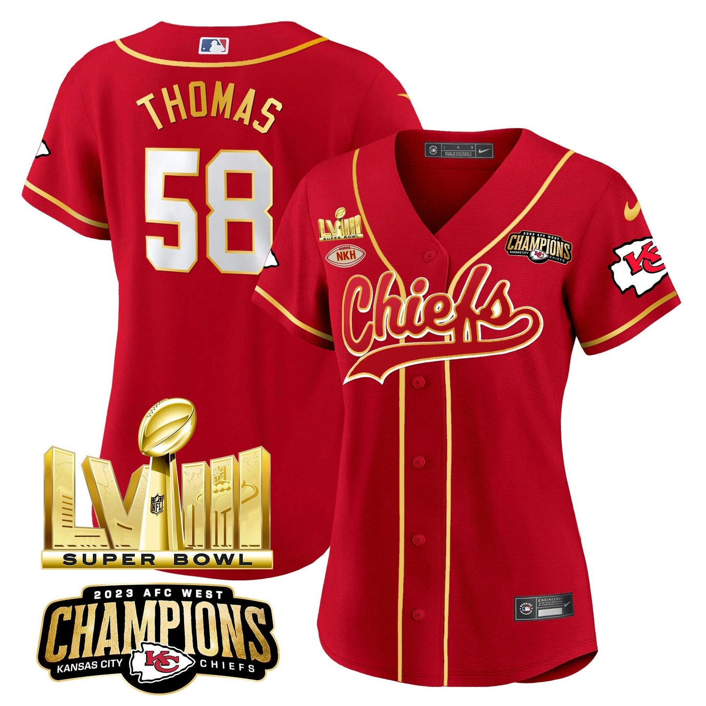 Camisa NFL Women’s AFC West Champions & Super Bowl LVIII Dourada Patch Jersey