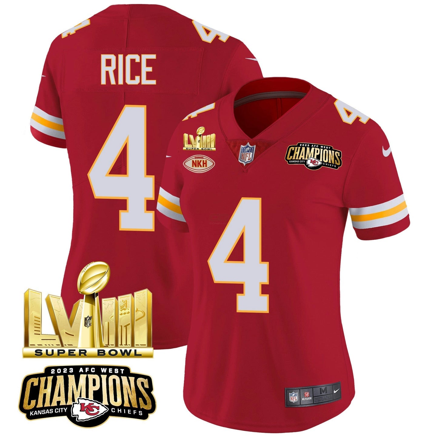 Camisa NFL Women’s AFC West Champions & Super Bowl LVIII Dourada Patch Vapor Jersey
