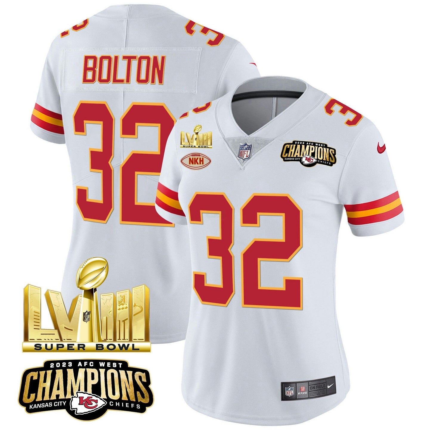 Camisa NFL Women’s AFC West Champions & Super Bowl LVIII Dourada Patch Vapor Jersey
