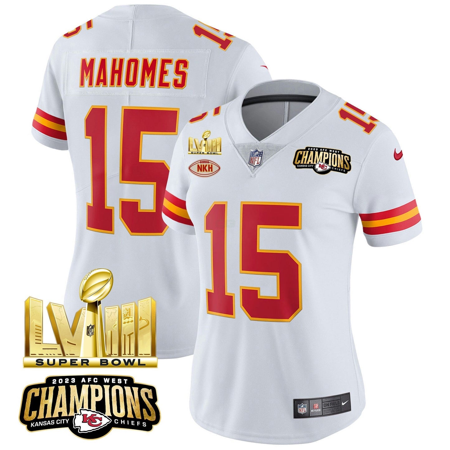 Camisa NFL Women’s AFC West Champions & Super Bowl LVIII Dourada Patch Vapor Jersey