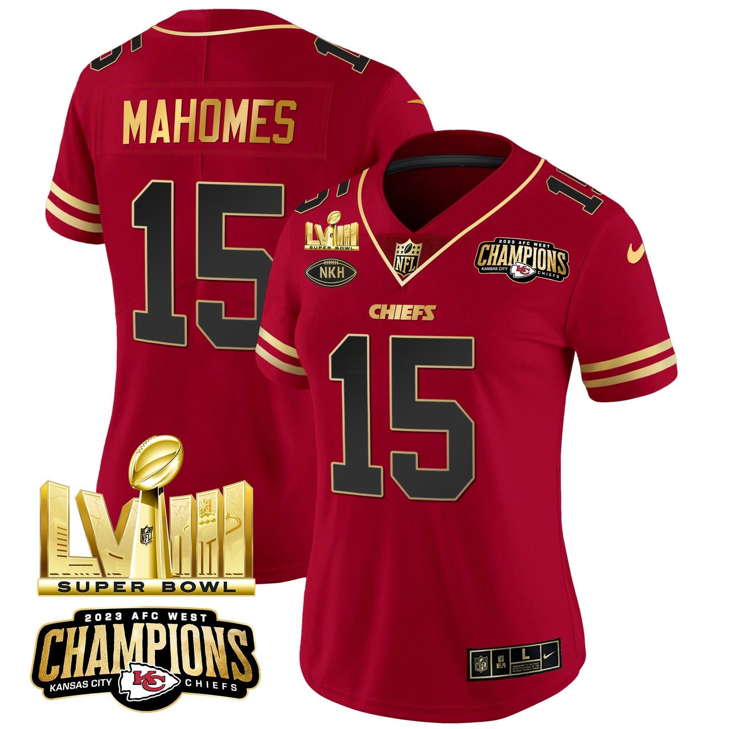 Camisa NFL Women’s AFC West Champions & Super Bowl LVIII Dourada Patch Vapor Jersey