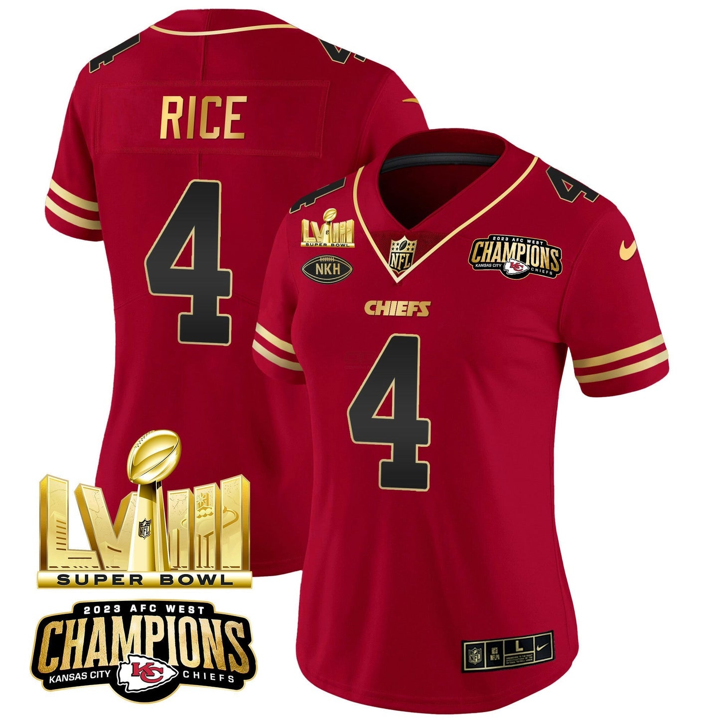 Camisa NFL Women’s AFC West Champions & Super Bowl LVIII Dourada Patch Vapor Jersey