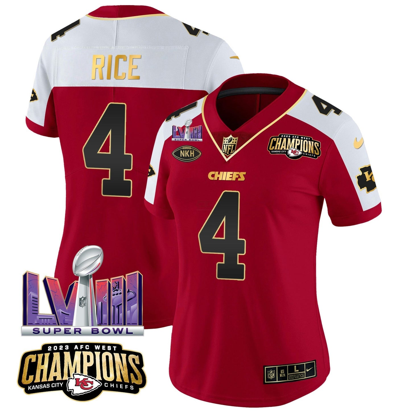 Camisa NFL Women’s AFC West Champions & Super Bowl LVIII Patch Vapor Jersey