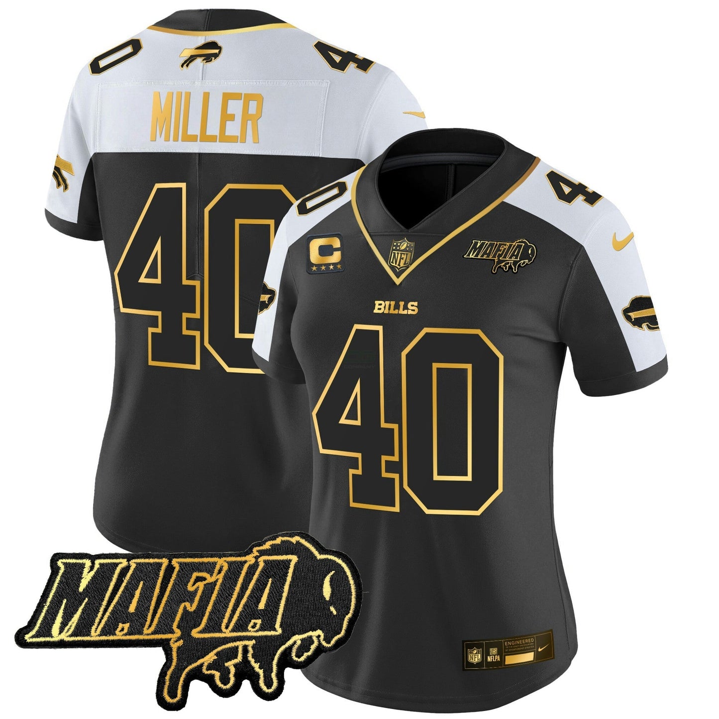 Camisa NFL Women’s Buffalo 2025 Mafia Patch Dourada Vapor Limited Jersey