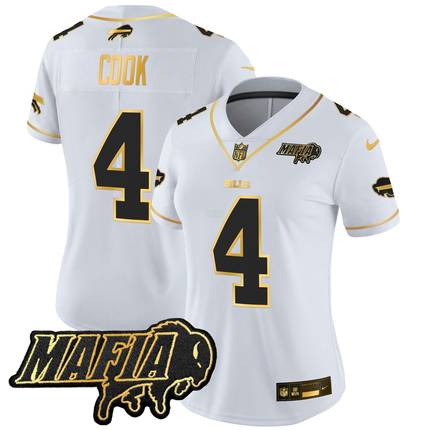 Camisa NFL Women’s Buffalo 2025 Mafia Patch Dourada Vapor Limited Jersey