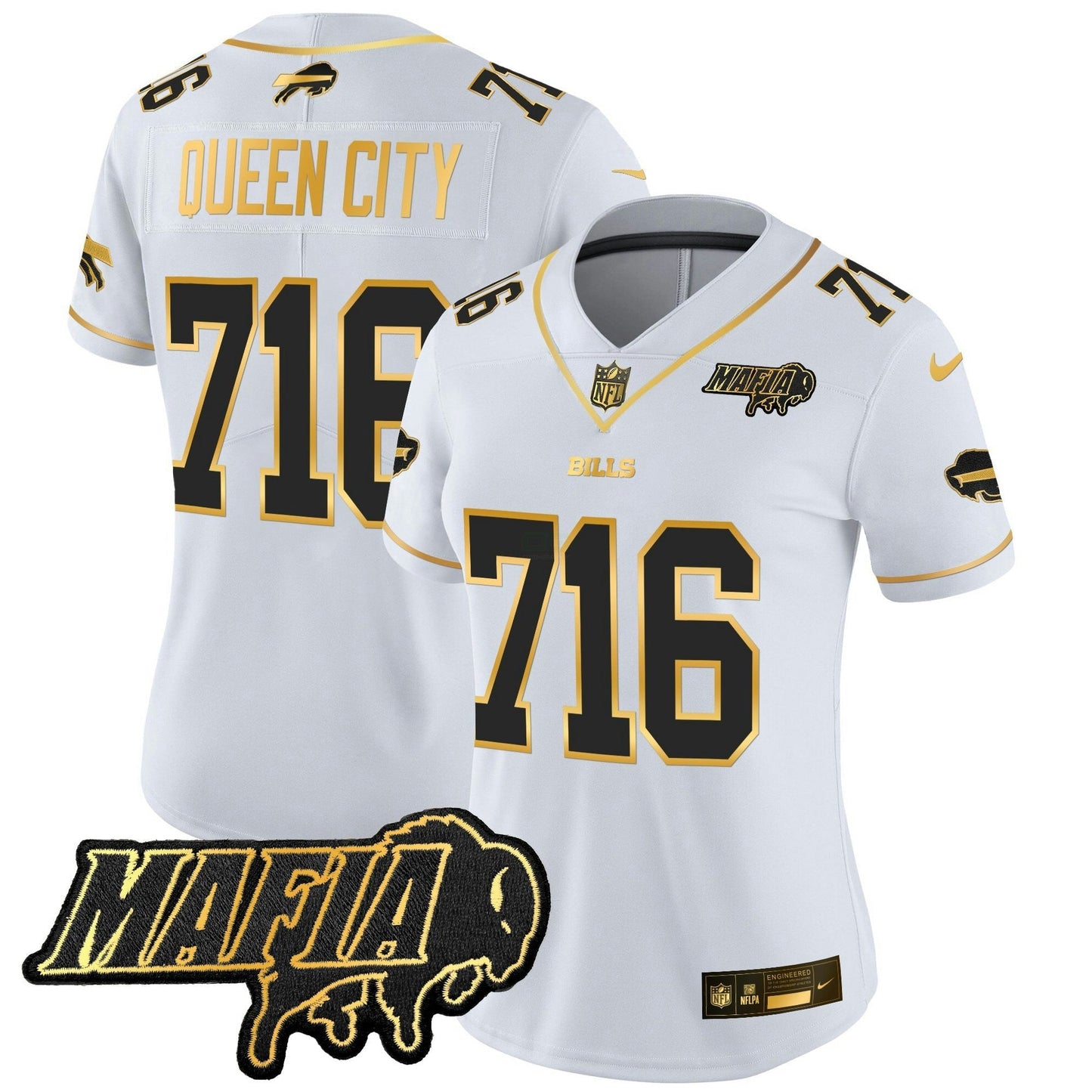 Camisa NFL Women’s Buffalo 2025 Mafia Patch Dourada Vapor Limited Jersey
