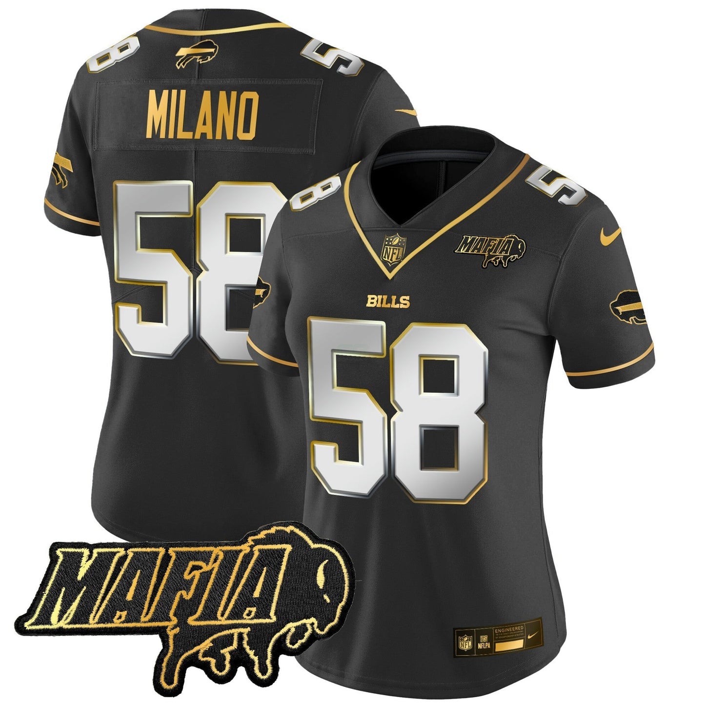 Camisa NFL Women’s Buffalo 2025 Mafia Patch Dourada Vapor Limited Jersey