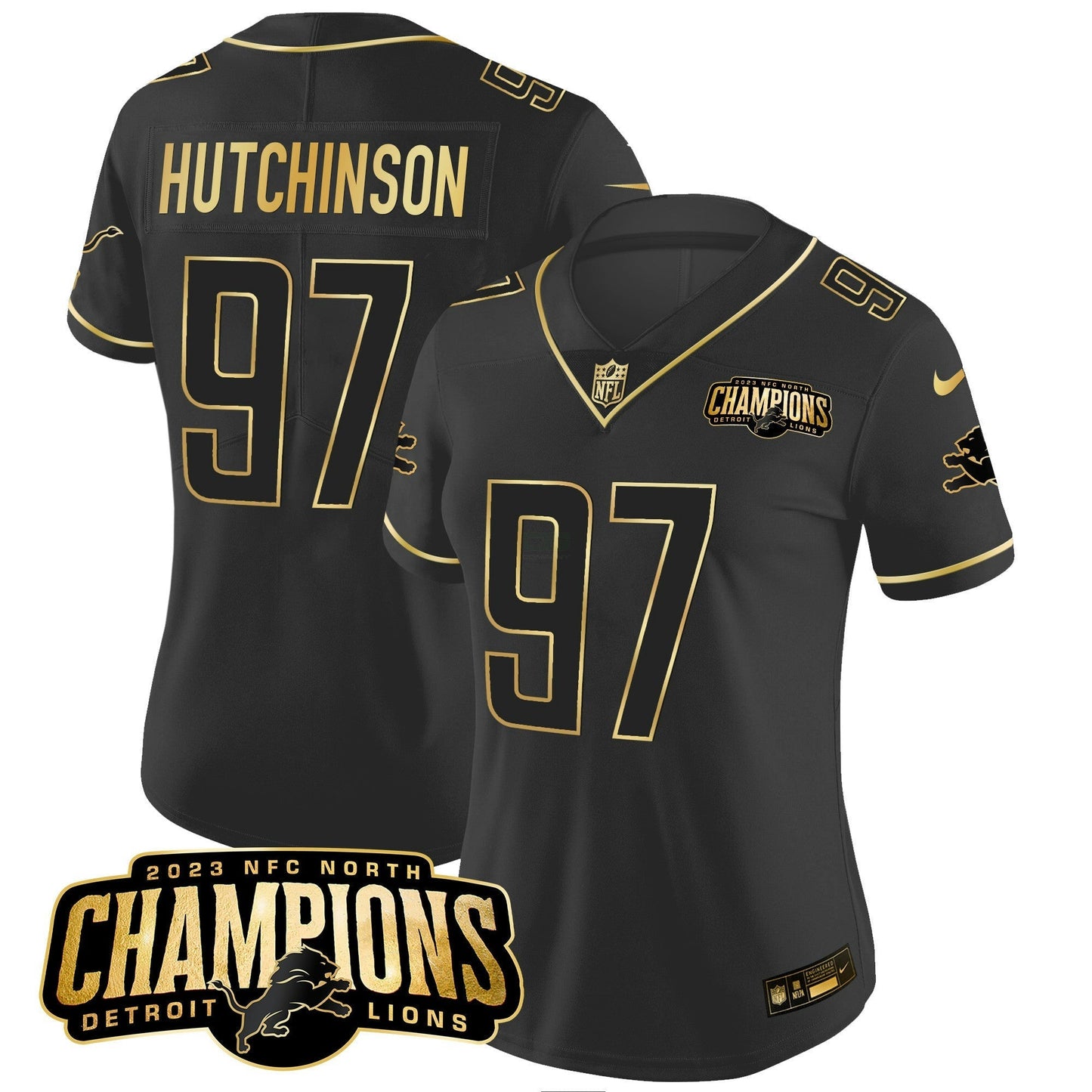 Camisa NFL Women’s Detroit 2023 NFC North Champions Patch Dourada Vapor Jersey