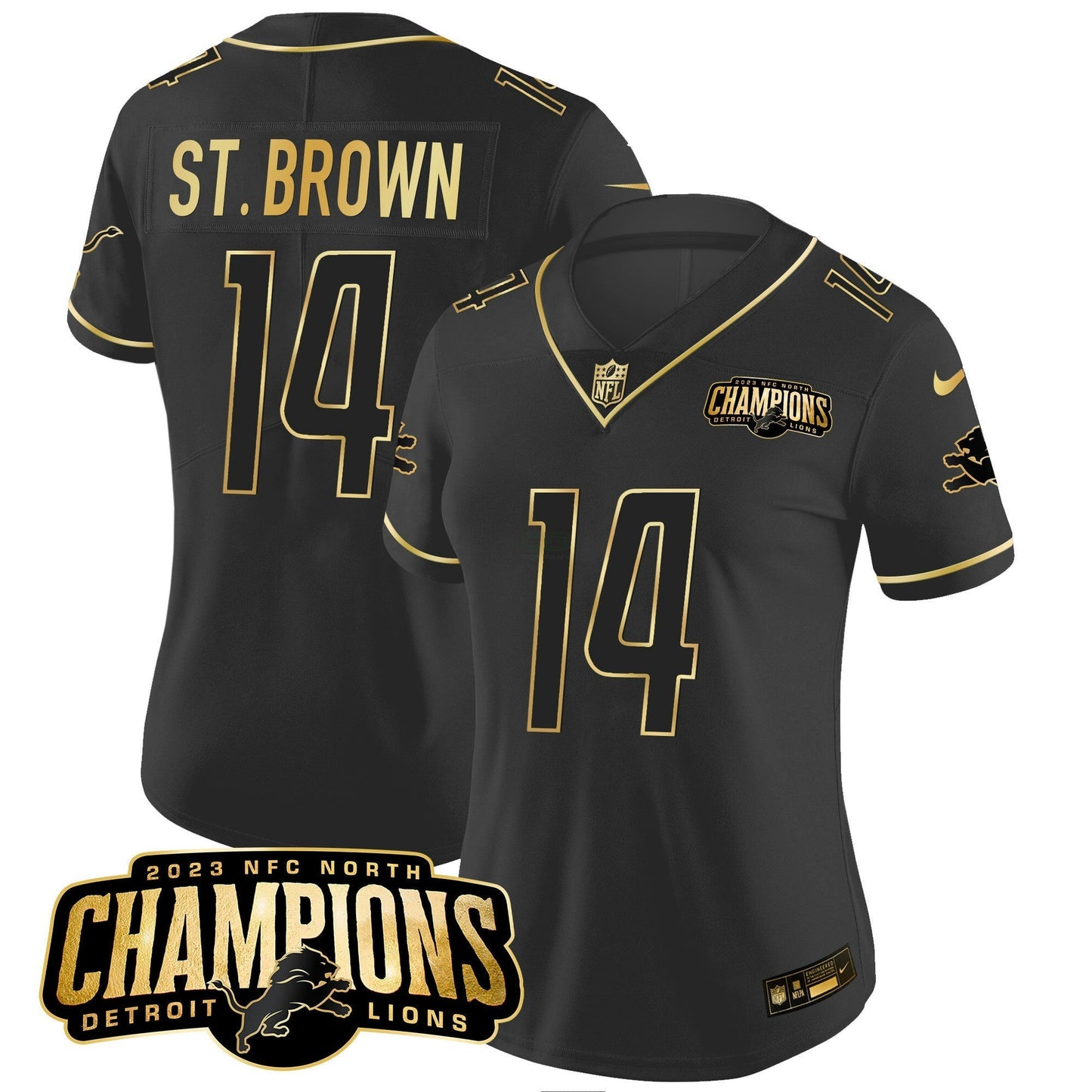 Camisa NFL Women’s Detroit 2023 NFC North Champions Patch Dourada Vapor Jersey