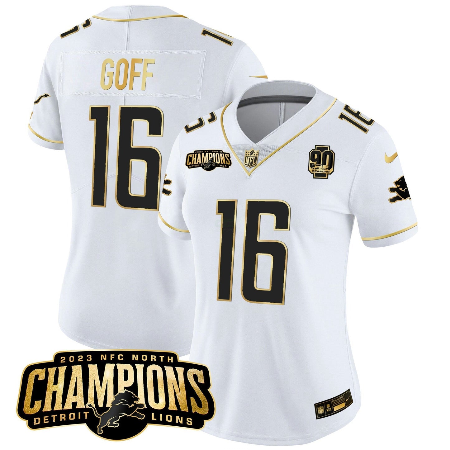 Camisa NFL Women’s Detroit 2023 NFC North Champions Patch Dourada Vapor Jersey V2