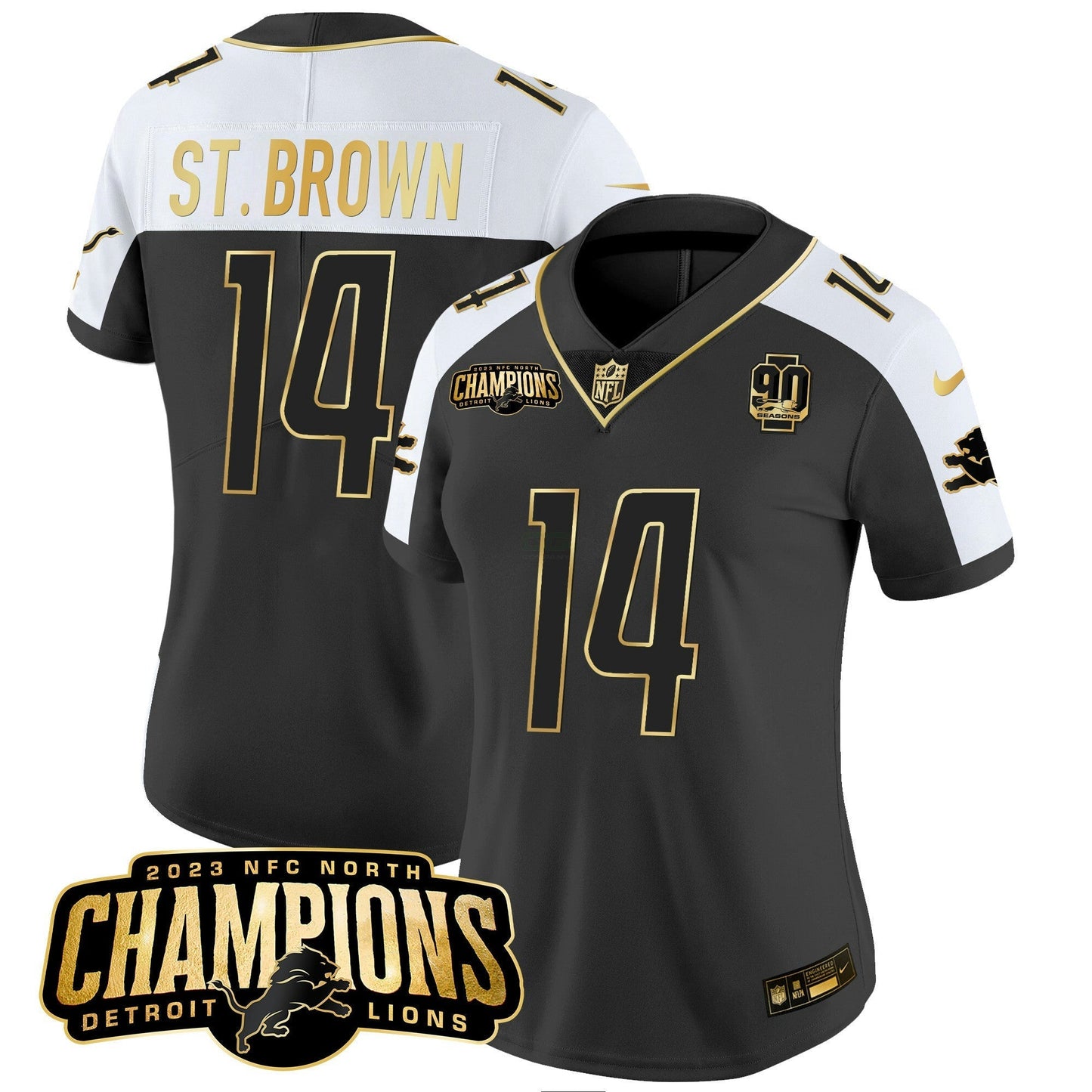 Camisa NFL Women’s Detroit 2023 NFC North Champions Patch Dourada Vapor Jersey V2