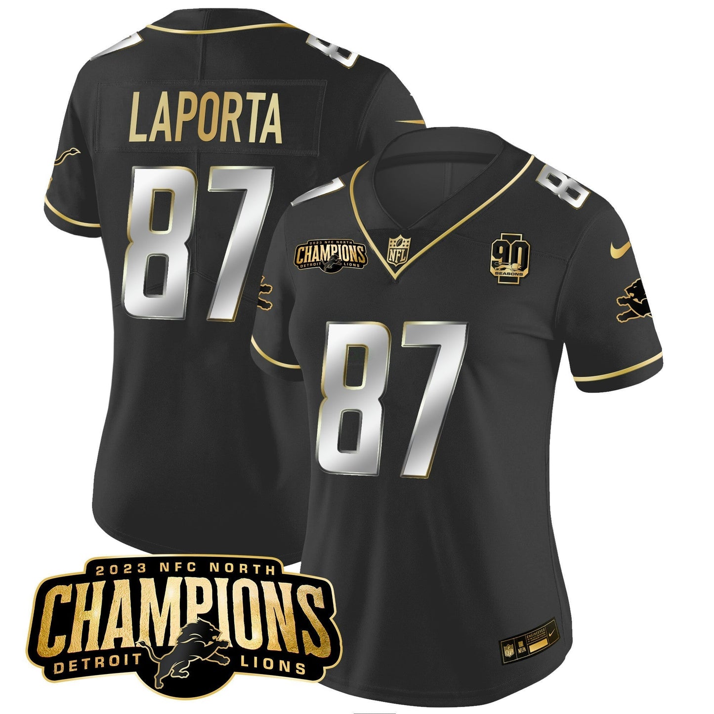 Camisa NFL Women’s Detroit 2023 NFC North Champions Patch Dourada Vapor Jersey V2