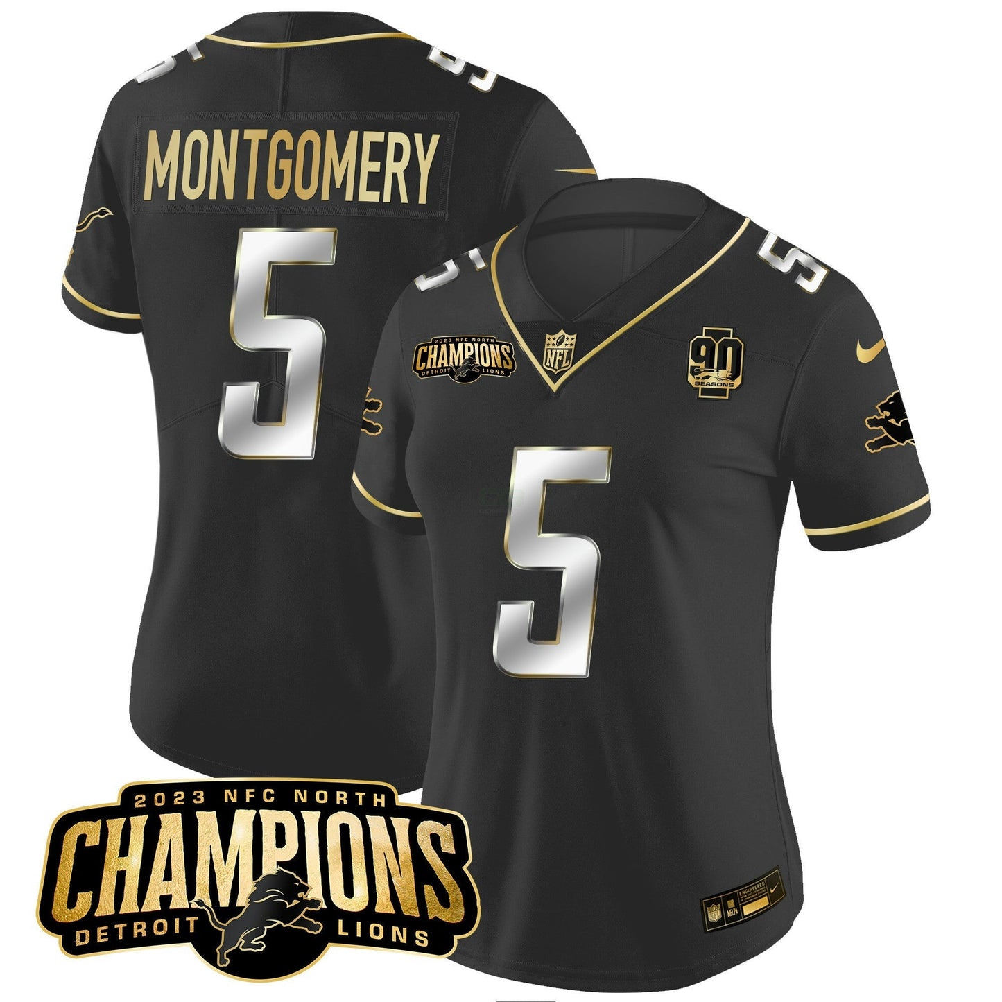 Camisa NFL Women’s Detroit 2023 NFC North Champions Patch Dourada Vapor Jersey V2