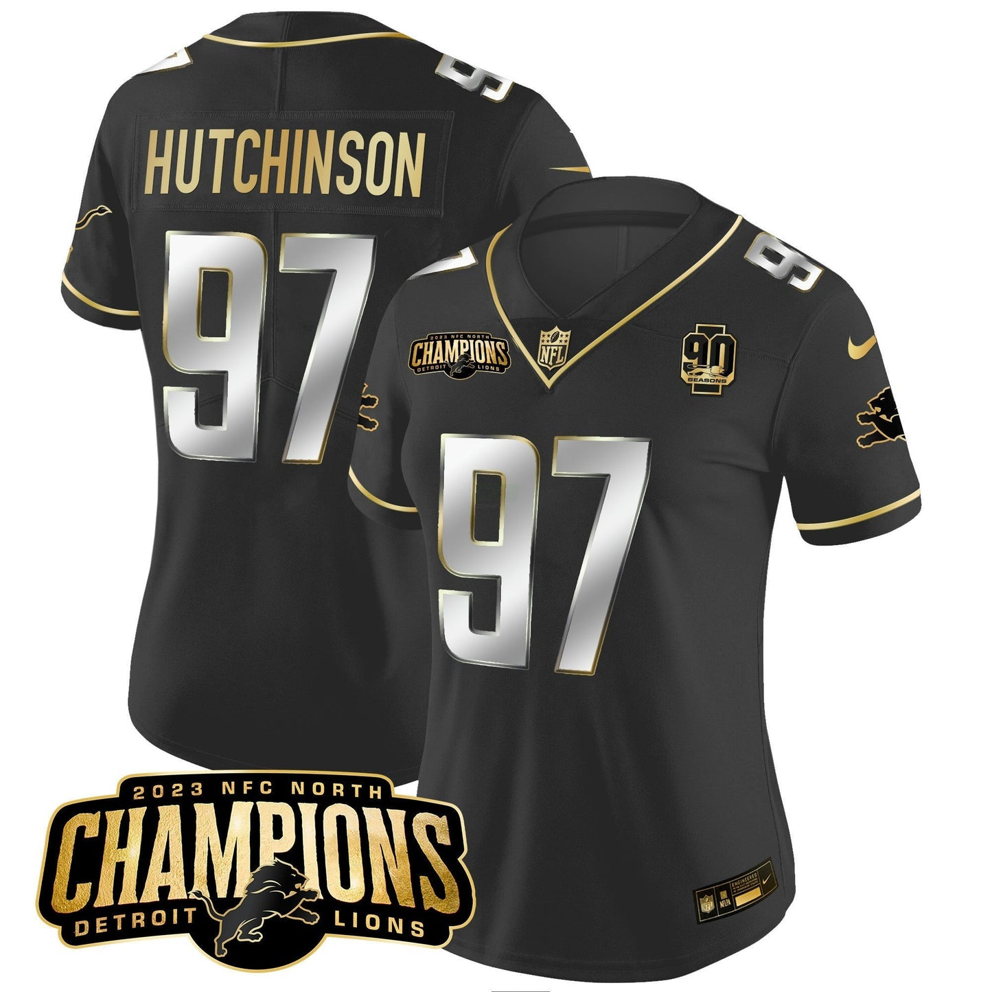 Camisa NFL Women’s Detroit 2023 NFC North Champions Patch Dourada Vapor Jersey V2