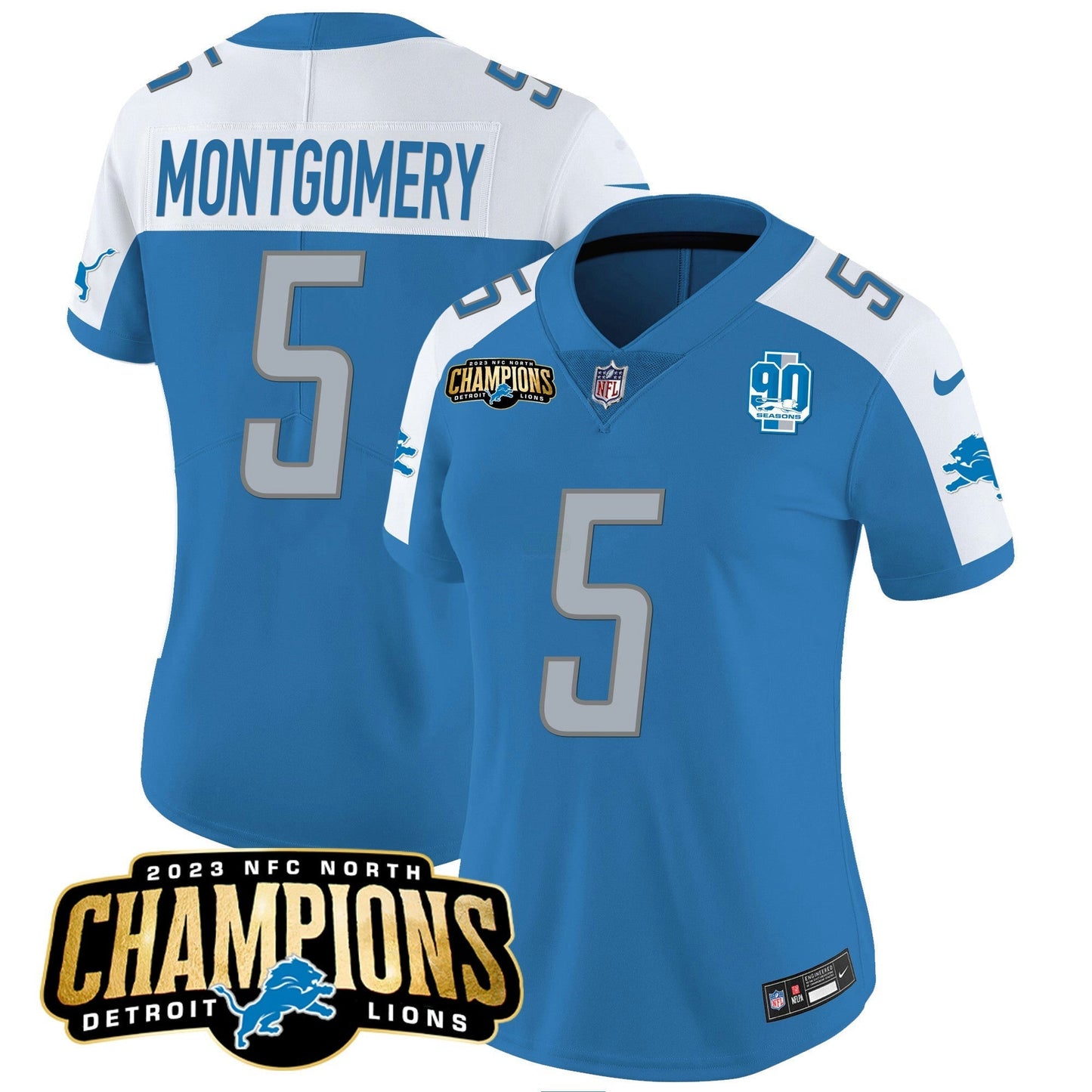 Camisa NFL Women’s Detroit 2023 NFC North Champions Patch Vapor Jersey V2