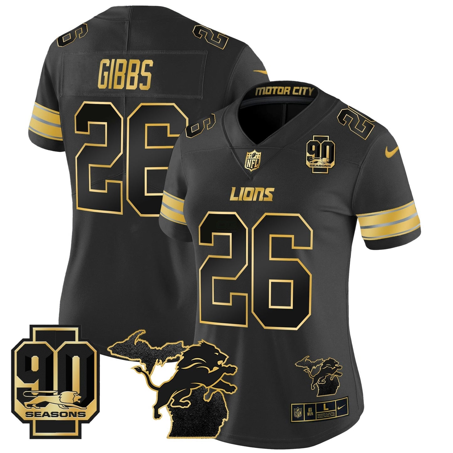 Camisa NFL Women’s Detroit 2024 Michigan & 90th Year Patch Dourada Vapor Limited Jersey