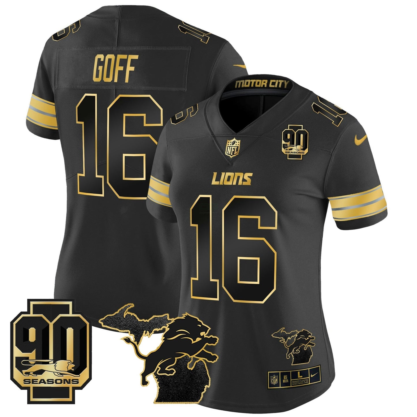 Camisa NFL Women’s Detroit 2024 Michigan & 90th Year Patch Dourada Vapor Limited Jersey