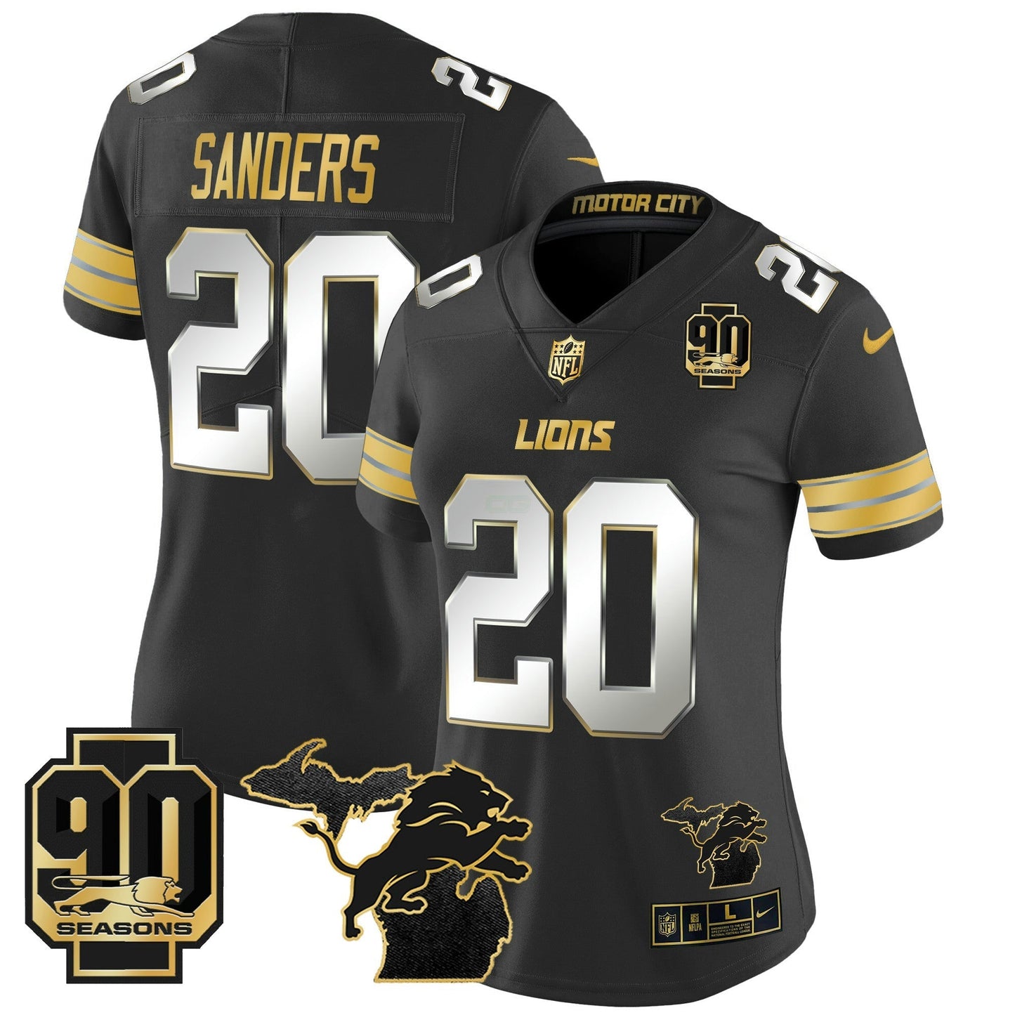 Camisa NFL Women’s Detroit 2024 Michigan & 90th Year Patch Dourada Vapor Limited Jersey