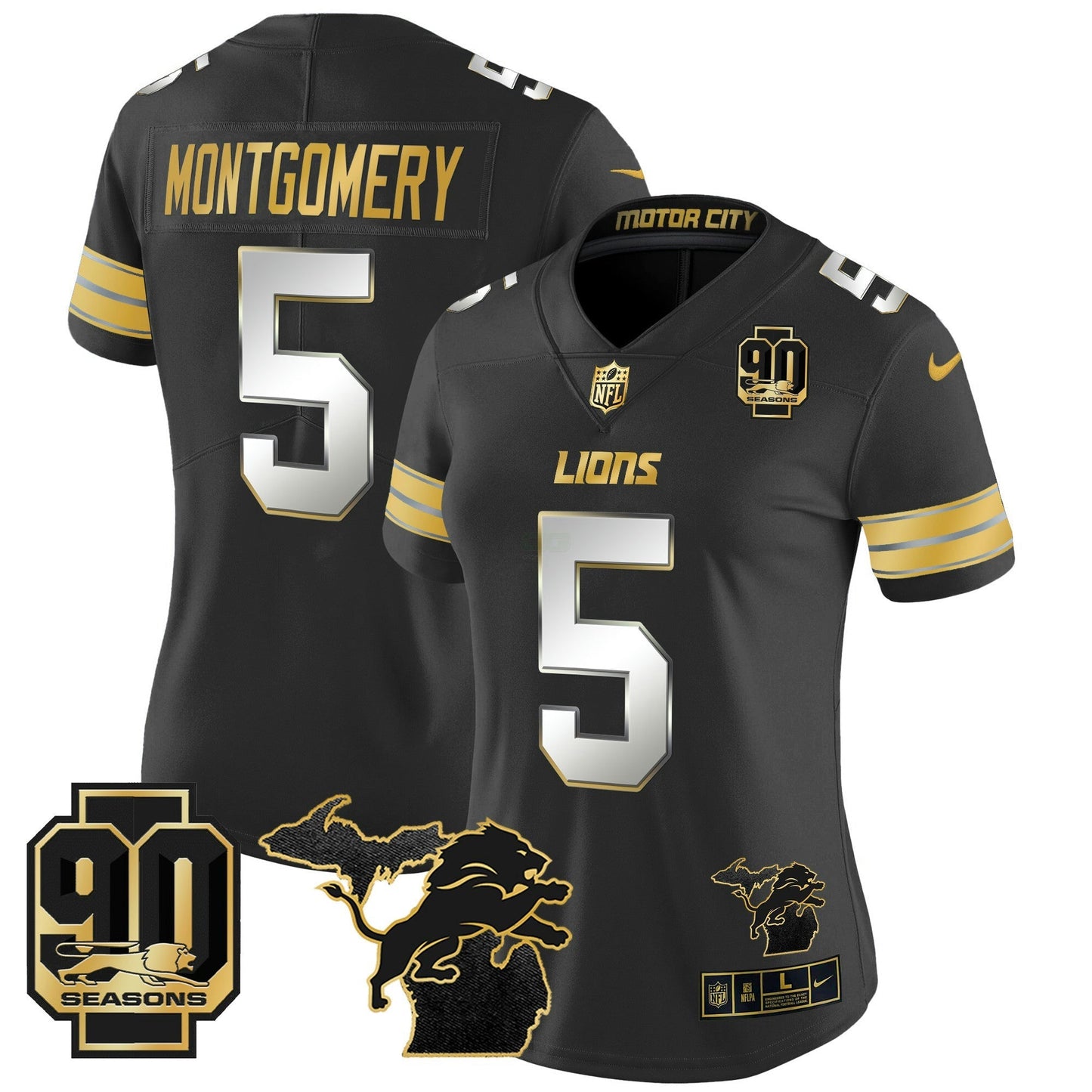 Camisa NFL Women’s Detroit 2024 Michigan & 90th Year Patch Dourada Vapor Limited Jersey