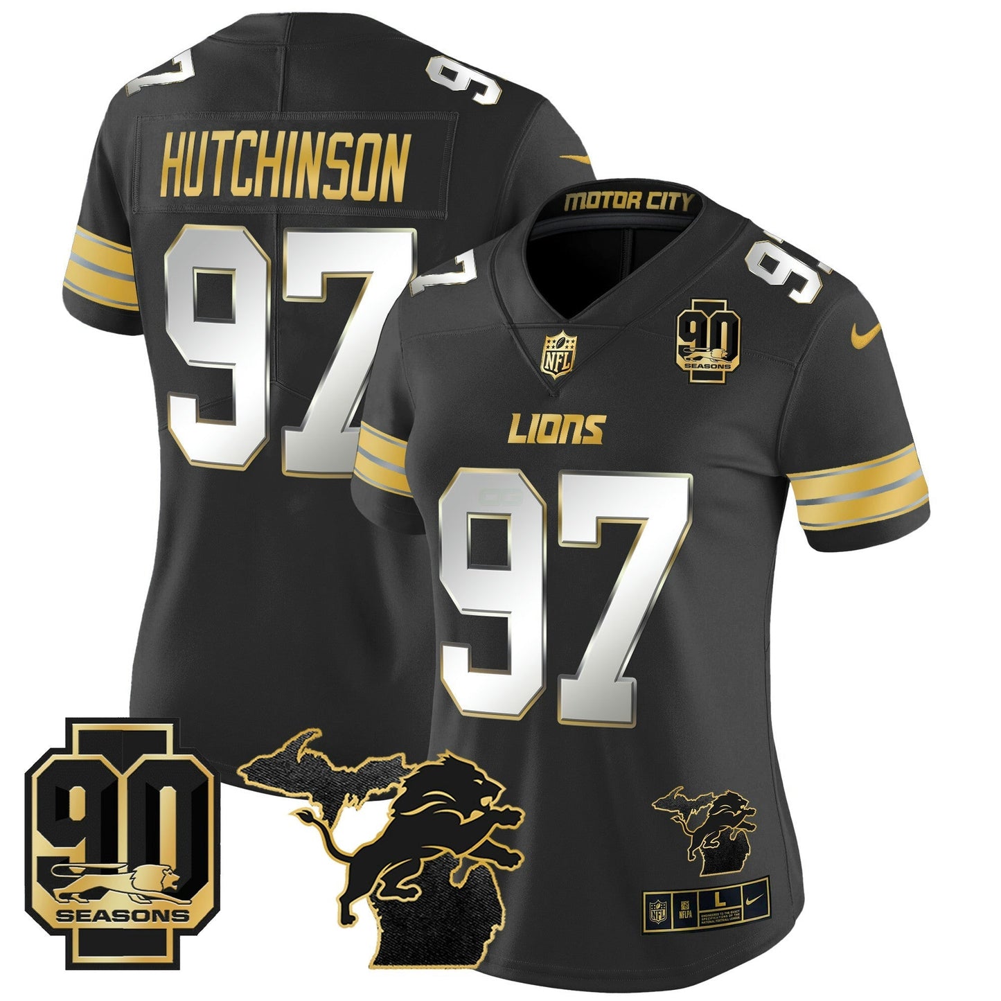 Camisa NFL Women’s Detroit 2024 Michigan & 90th Year Patch Dourada Vapor Limited Jersey