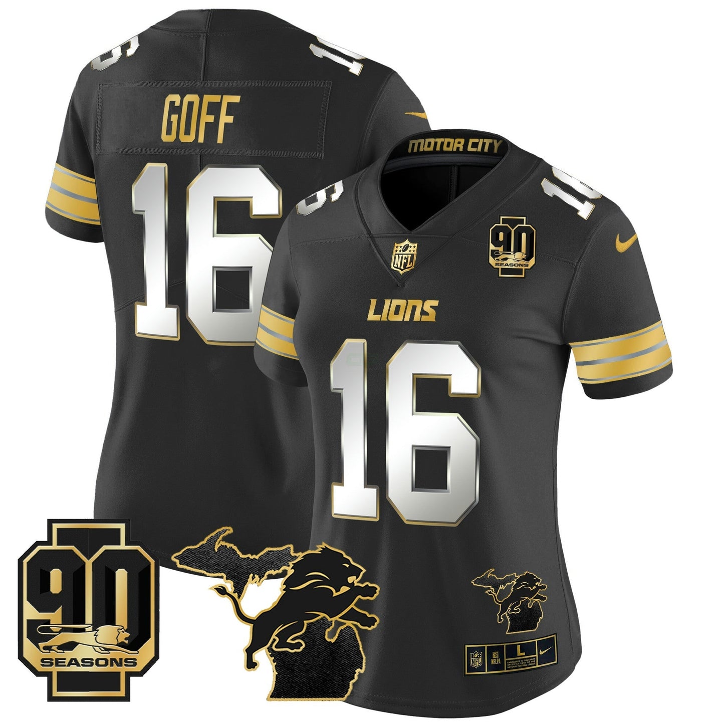 Camisa NFL Women’s Detroit 2024 Michigan & 90th Year Patch Dourada Vapor Limited Jersey