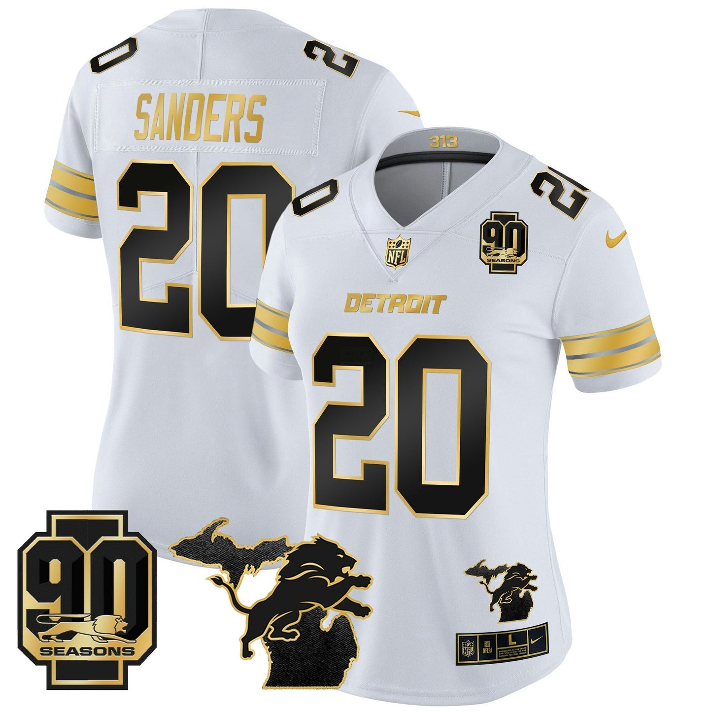 Camisa NFL Women’s Detroit 2024 Michigan & 90th Year Patch Dourada Vapor Limited Jersey
