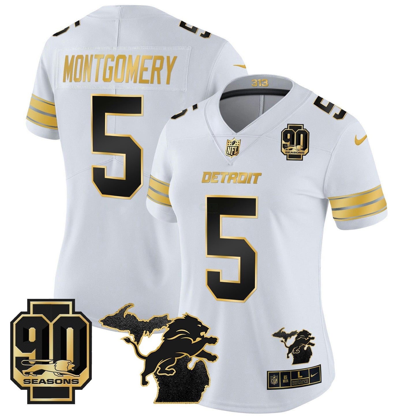Camisa NFL Women’s Detroit 2024 Michigan & 90th Year Patch Dourada Vapor Limited Jersey