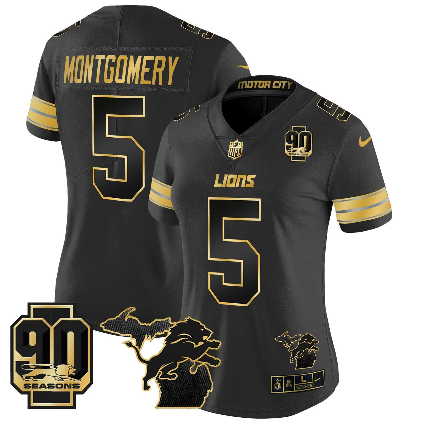 Camisa NFL Women’s Detroit 2024 Michigan & 90th Year Patch Dourada Vapor Limited Jersey