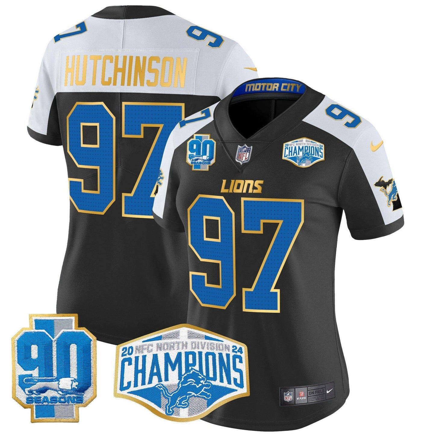 Camisa NFL Women’s Detroit 2024 NFC North Division Champions Patch Dourada Trim Vapor Limited Jersey