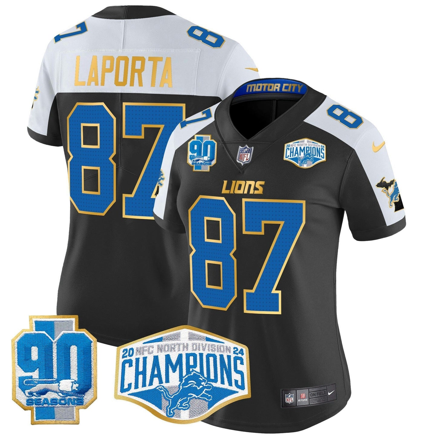Camisa NFL Women’s Detroit 2024 NFC North Division Champions Patch Dourada Trim Vapor Limited Jersey