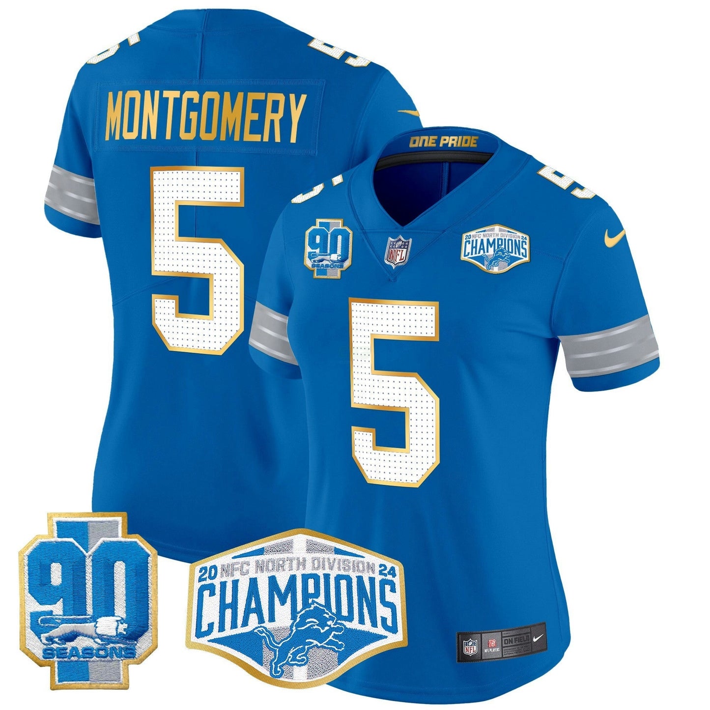 Camisa NFL Women’s Detroit 2024 NFC North Division Champions Patch Dourada Trim Vapor Limited Jersey