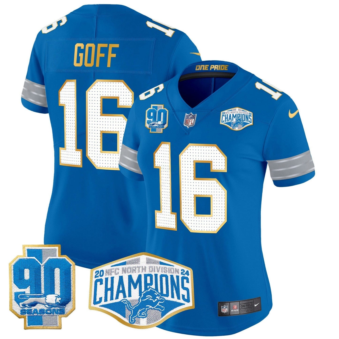 Camisa NFL Women’s Detroit 2024 NFC North Division Champions Patch Dourada Trim Vapor Limited Jersey