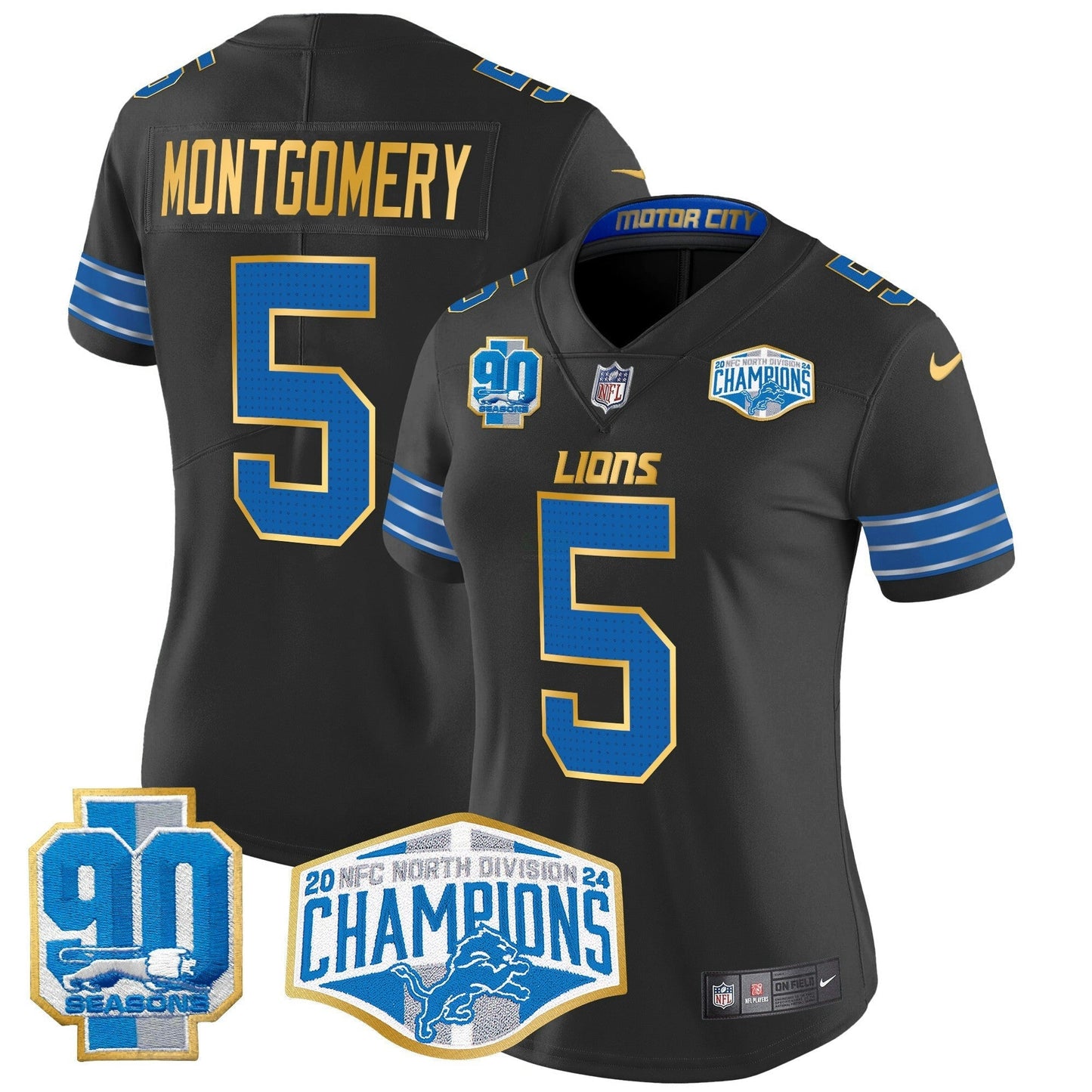 Camisa NFL Women’s Detroit 2024 NFC North Division Champions Patch Dourada Trim Vapor Limited Jersey