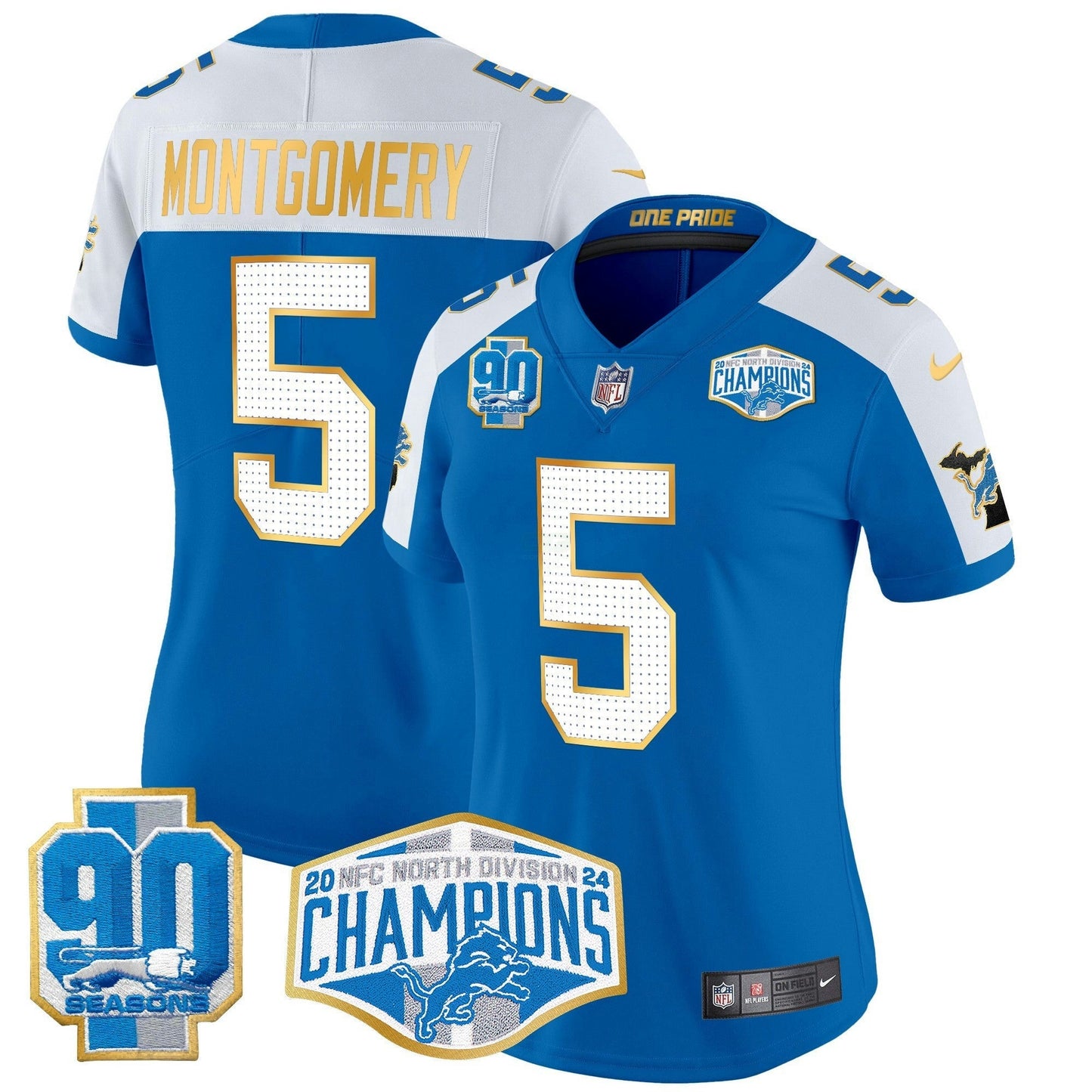 Camisa NFL Women’s Detroit 2024 NFC North Division Champions Patch Dourada Trim Vapor Limited Jersey