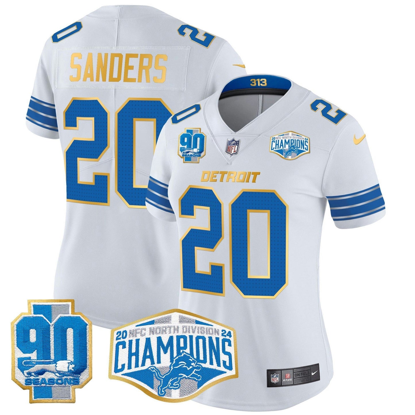 Camisa NFL Women’s Detroit 2024 NFC North Division Champions Patch Dourada Trim Vapor Limited Jersey